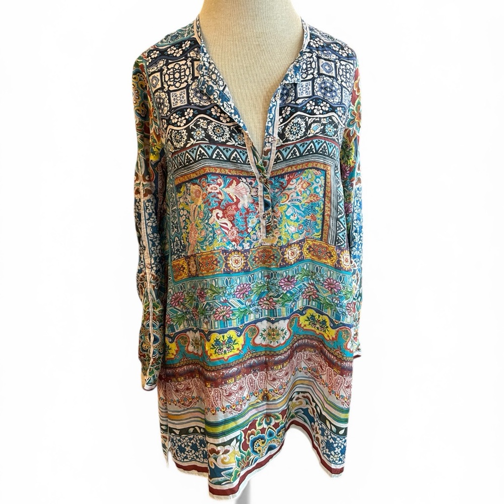Johnny Was Silk Boho Printed V-Neck Tunic Top in Multicolor